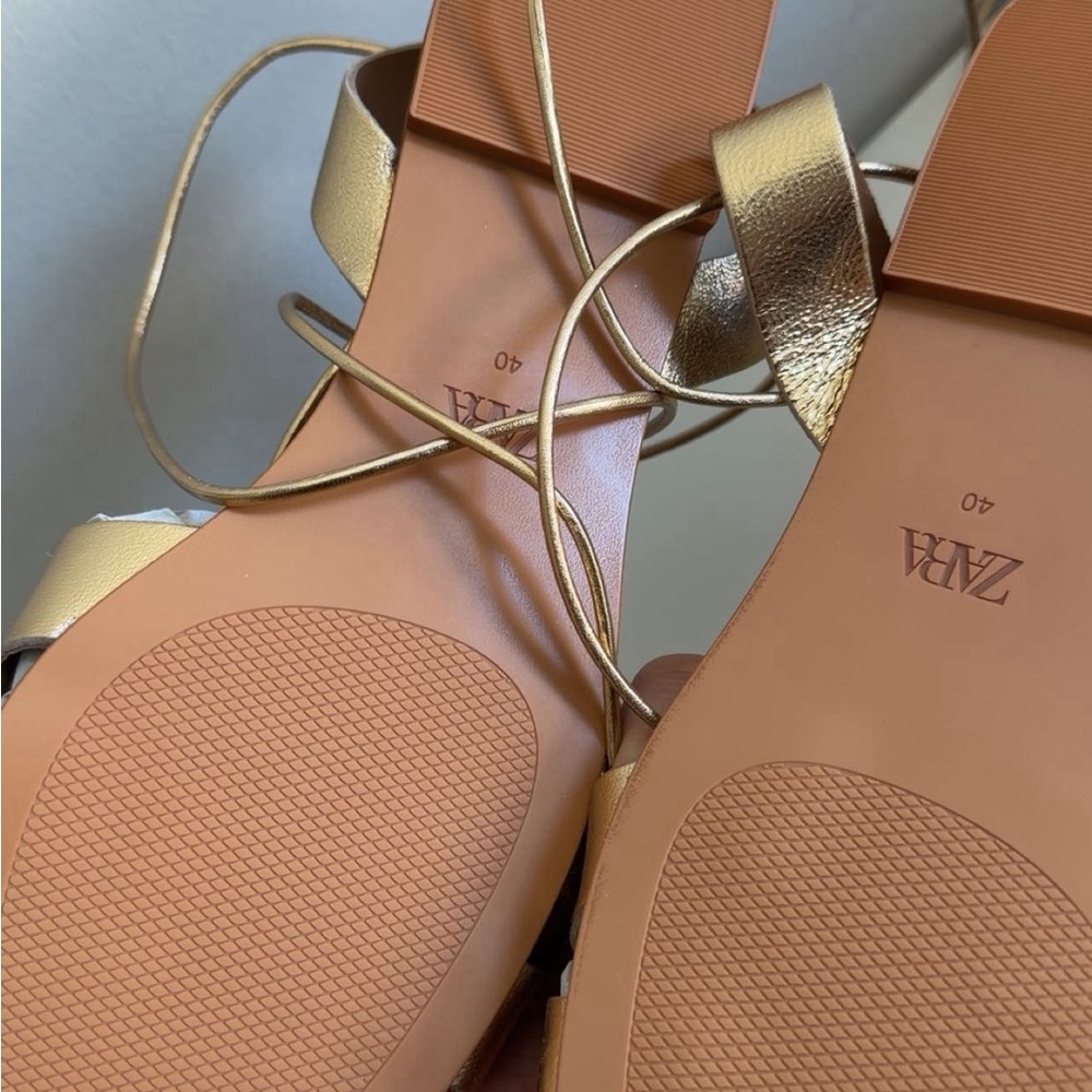 ZARA Metallic Gold Woven Lace-Up Sandals - Picture 4 of 4